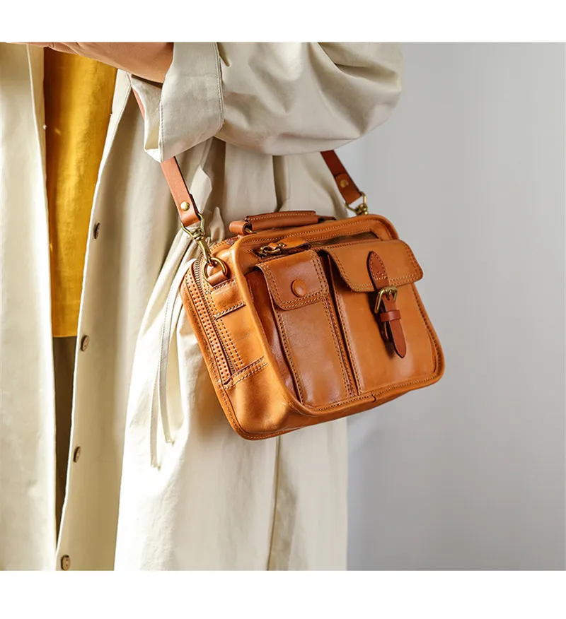 Modische Vintage-Handtasche aus natürlichem Echtleder für Damen, kleine Multi-Taschen-Organizer-Handtasche, Designer-Luxus-Schultertasche aus echtem Rindsleder – Detail 4
