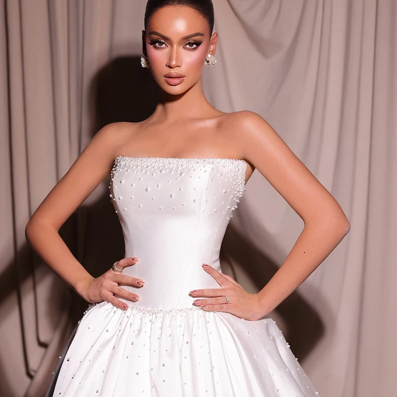 Eightree Elegant A-Line Wedding Dresses Strapless Pearls Backless Satin Bridal Dress Princess Wedding Ball Prom Gowns Customized