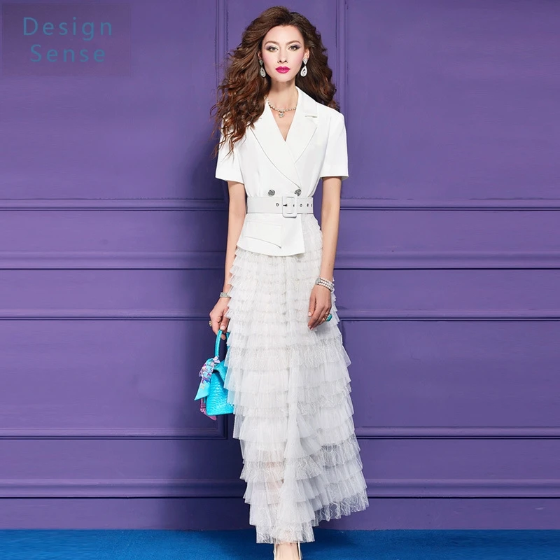 

Women's Commuting Wear Pink Business Suit and Dress Short Sleeve Summer Chic Design Stitching Mesh Cake