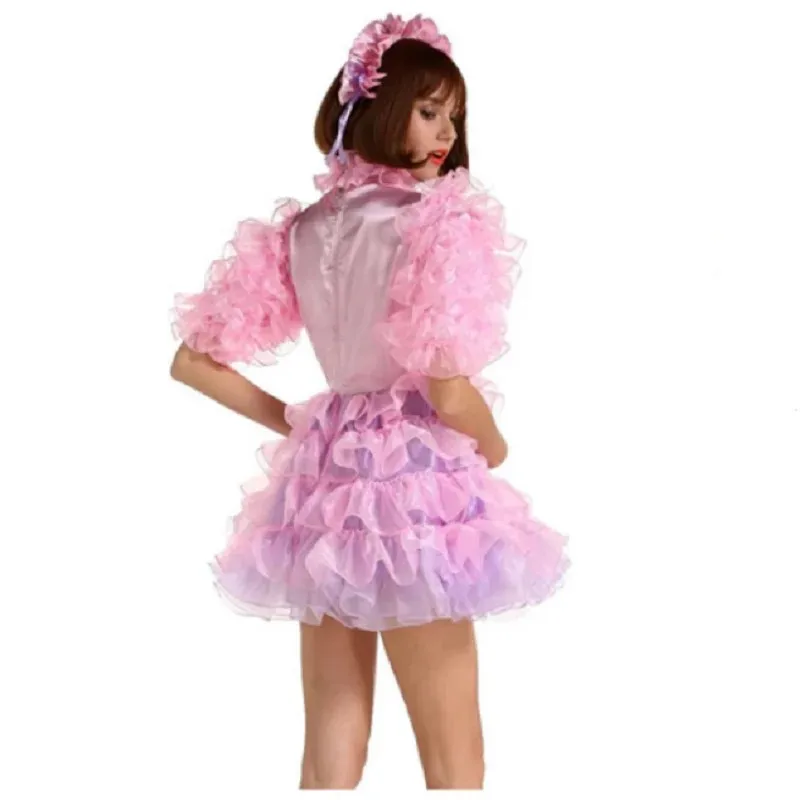 Sexy Sissy French maid pink satin lockable multi-layer lace fluffy ruffle edge dress cosplay costume customizable
