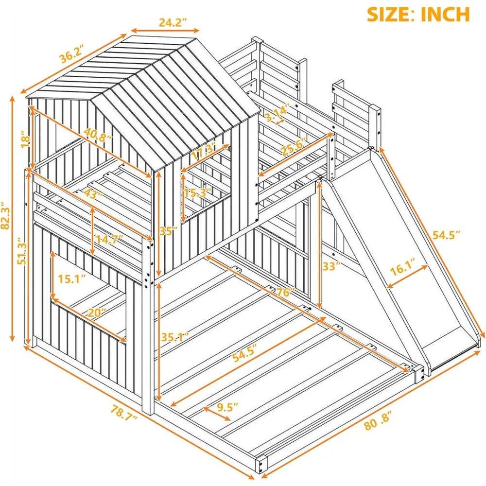 Harper & Bright Designs Twin Over Full House Bunk Bed with Slide and Roof, Wood House Bunk Bed with Ladder and Guardrails