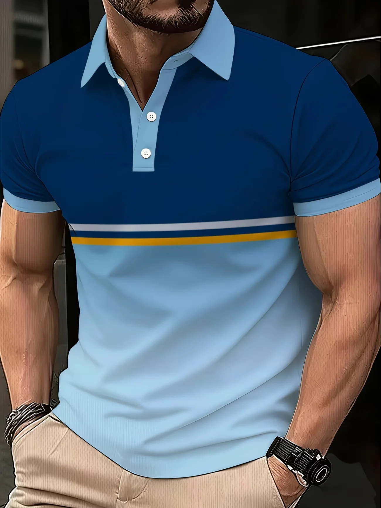 Men's Summer Fashion Green Brown Striped Print Casual Short Sleeve Polo Shirt Comfortable Skin-friendly Breathable for Daily Out