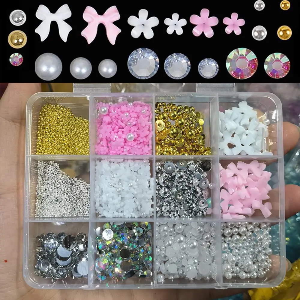 12 griglie 3D acrilico fiore arco lecca-lecca pendenti per unghie simulazione perla cuore/stella decorazioni per unghie accessori per unghie in resina fai da te