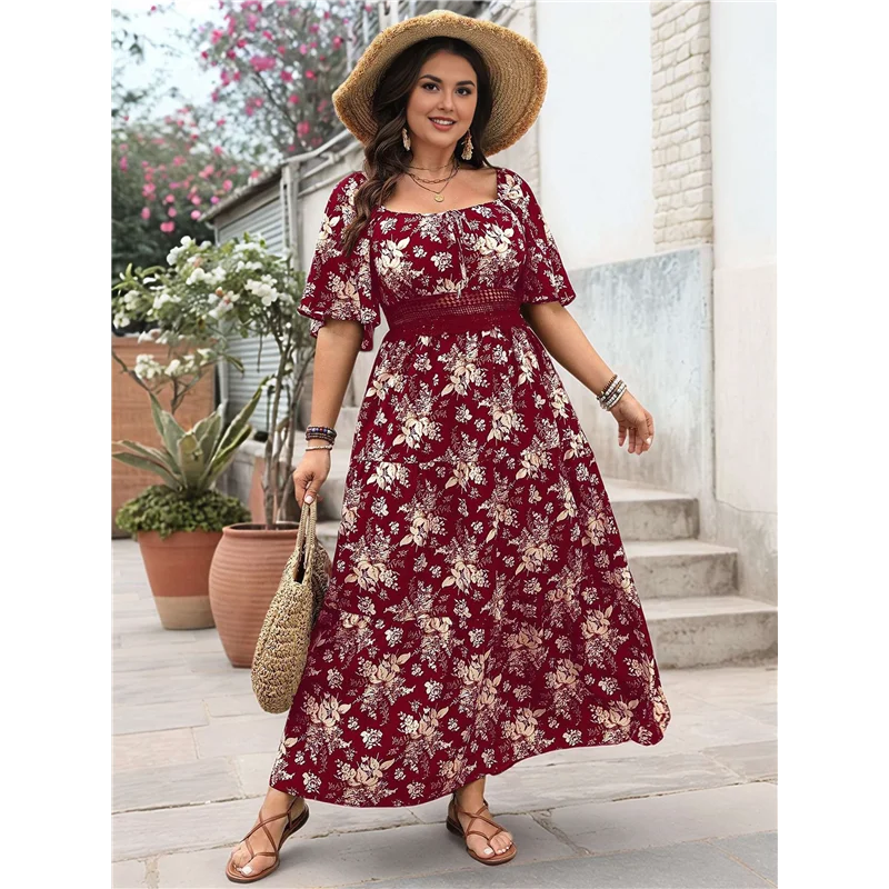 CGS-สตรีแขนสั้นชุดดอกไม้สําหรับผู้หญิงสแควร์คอลูกไม้Cutoutตาไก่VINTAGE Boho Maxiยาว 2025