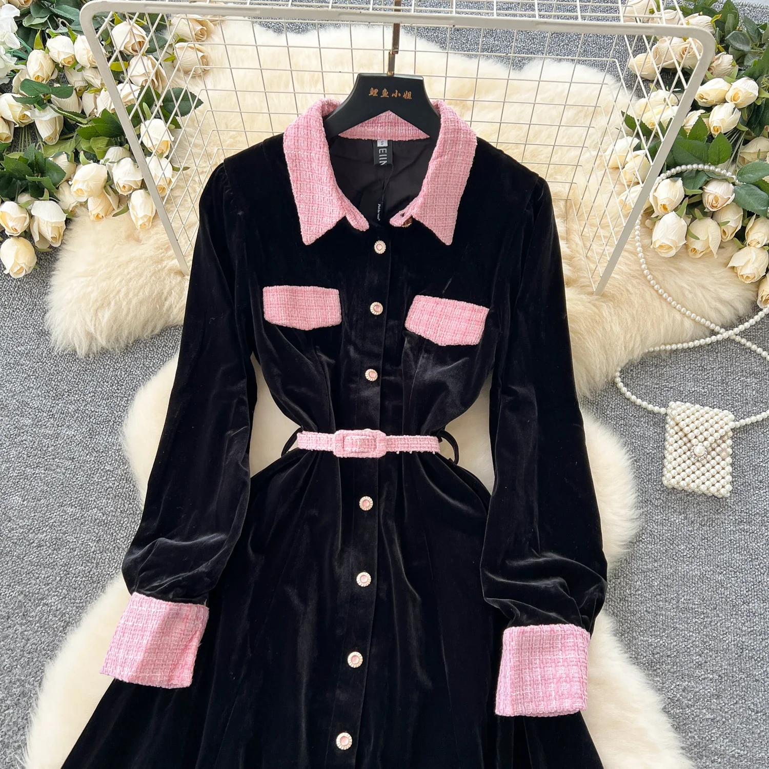 French Chic Elegant Long Sleeve Lapel Velvet Dress Sexy Vestidos High Waist Women Autumn Ceremonial Dress