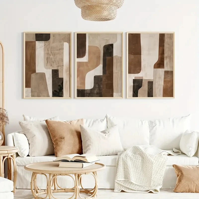 3pcs/set Neutral Abstract Wall Art Prints, Wood Brown and Beige Wall Art, Abstract Canvas Posters, Bohemian Modern Home Decor
