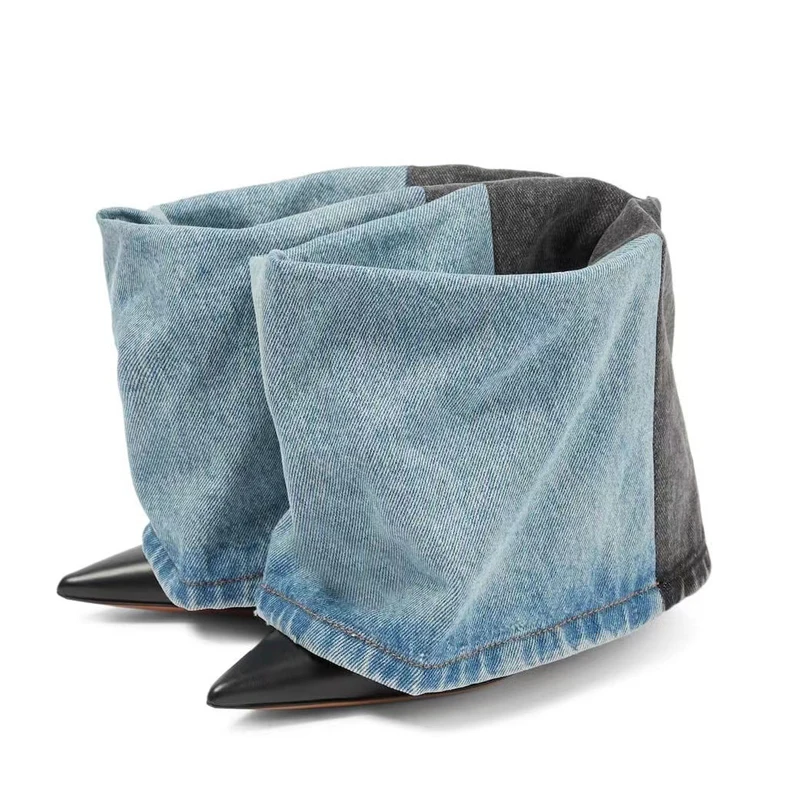 Two Tone Denim Fold Over Slip-On Ankle Boots Woman 2026 Sexy Pointed Toe Cat Heel Booties Streetwear Fashion Jean Cuff Boots view 4