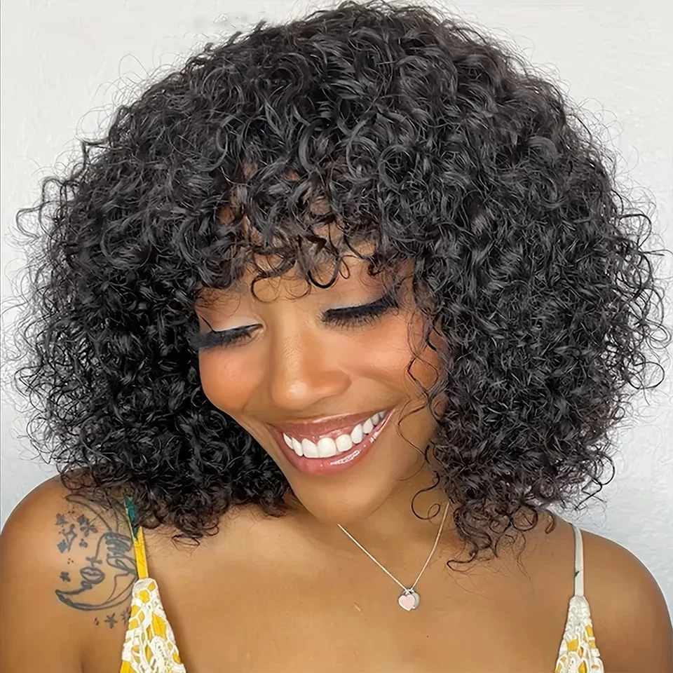 

Short Pixie Bob Cut Human Hair Wigs With Bangs Jerry Curly Wig Water Wave Bob Wig For Women londe Colored Wigs Easy Wear