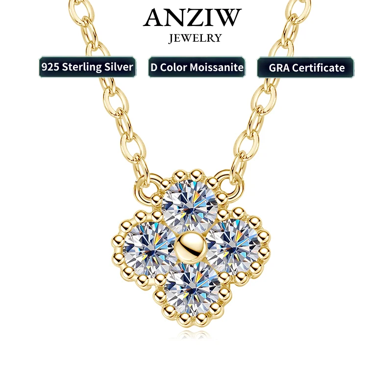 Anziw Clover Flower Pendant Necklace 3mm Moissanite for Women Adjustable 925 Silver Chain VVS1 Lab Diamond Necklace Collar Gifts