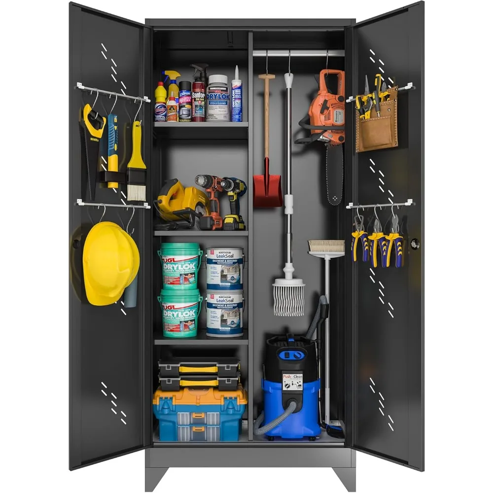 

71" Metal Garage Tools Storage Cabinet with Doors and Shelves, Broom Tool Storage Filing Cabinets with Lock, Black Cleaning Supp