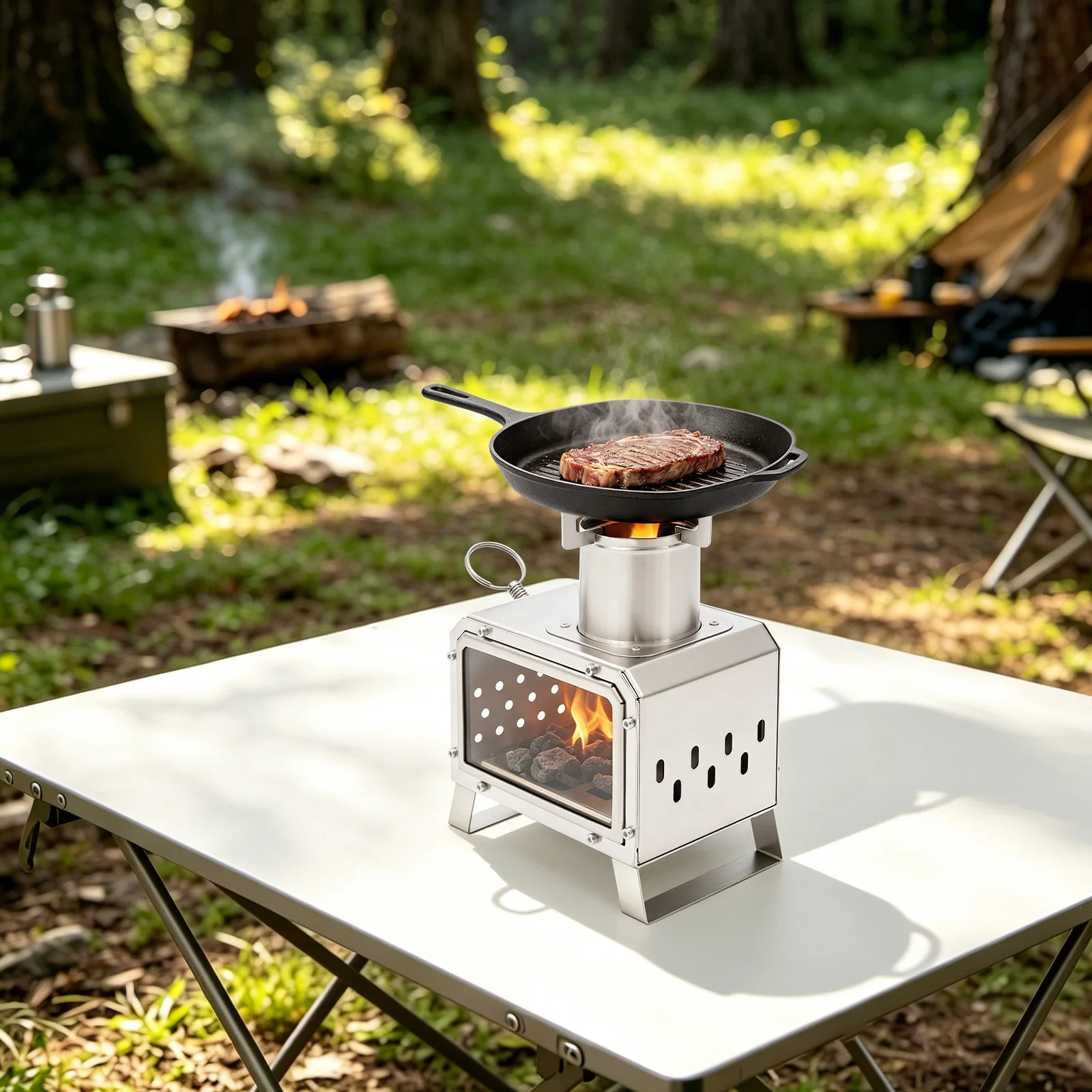 Réchaud de camping portable en bois, 1,8 kg, léger, en acier inoxydable avec fenêtre en verre pour observer la flamme, ventilation haute efficacité, facile à transporter pour la randonnée en plein air, le camping, le pique-nique, le barbecue, la pêche