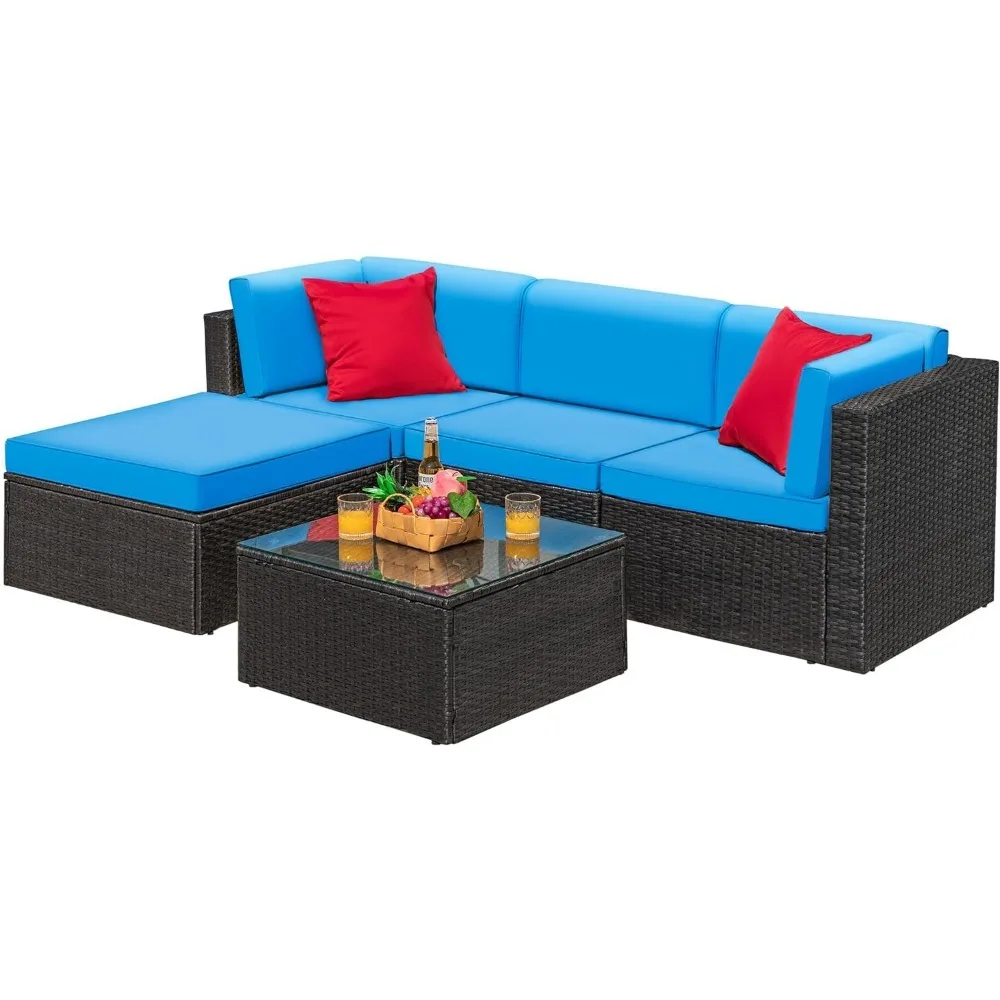 Wicker Rattan Outdoor Móveis, Pátio Conversa Set, Sofá com Almofadas, Travesseiros e Mesa de Vidro, varanda e gramado, 5 PCs