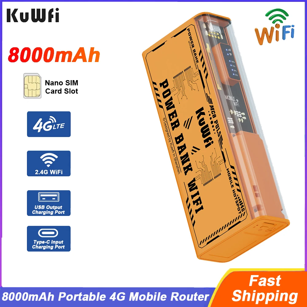 kuwfi roteador movel portatil 4g 8000mah 150mbps autonomia da bateria ultra longa viagem lte 24ghz hotspot wi fi saida usb tipo c viagem 01