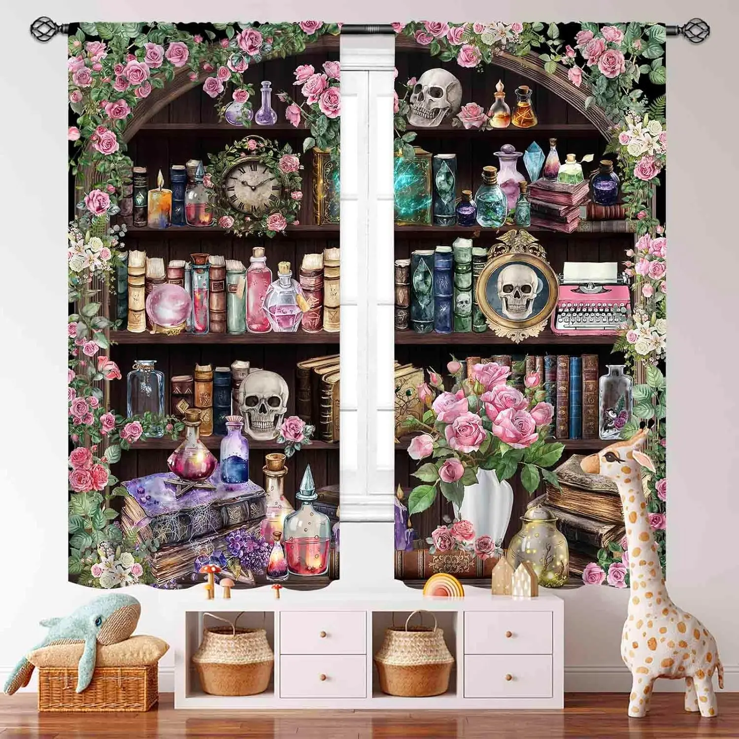Gothic Skull Curtains,Witchy Spooky Pink Rose Vintage Retro Wizard Magic Bookshelf Gothic Style Window Treatments for Bedroom