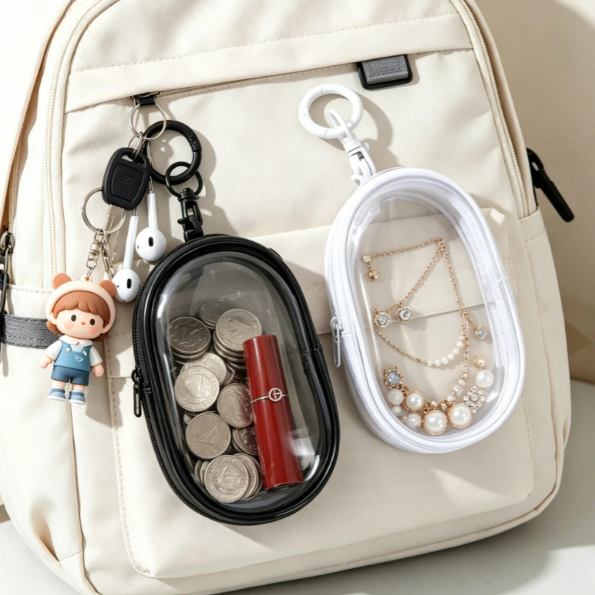 All-in-one Clear Storage Pouch Portable Travel Organizer Bag For Charger Data Cable Earphones Keys Carry Case With Key Clasp