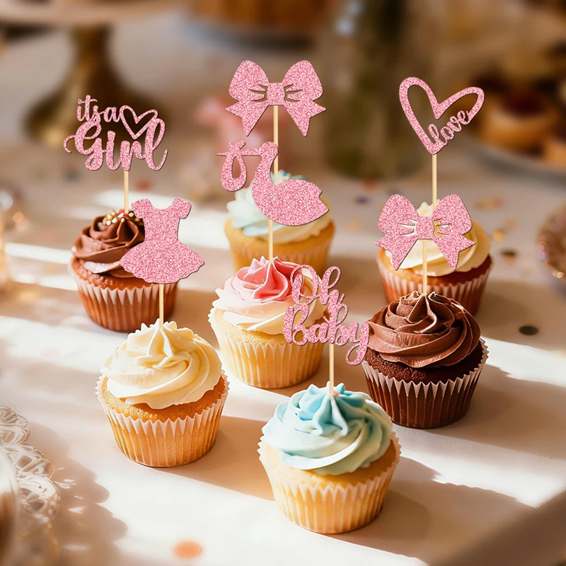 YOMDID 24 Stück Baby-Shower-Cupcake-Topper, Gender-Reveal-Kuchenaufsätze, Glitzer-Liebesherzen, Liebes-Schriftzug, Schleifen-Kleid-Kuchendekorationen – Detail 8