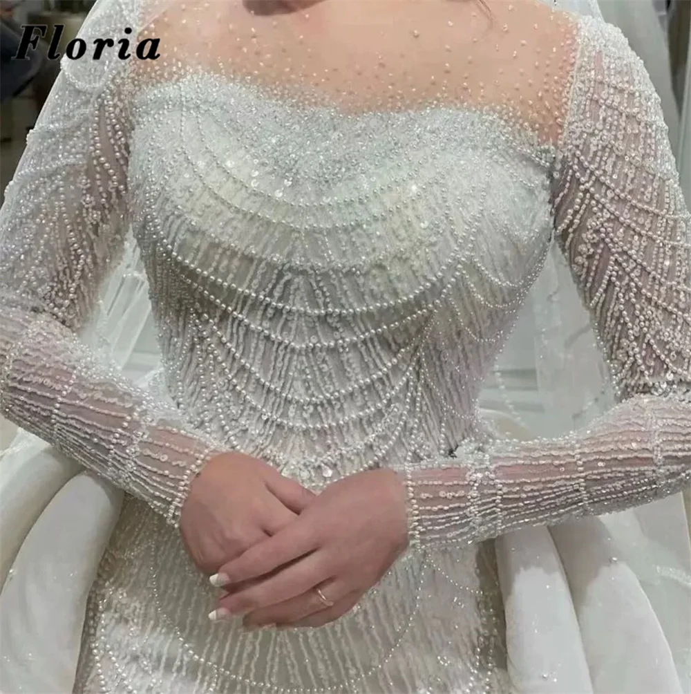 Ivory Mermaid Wedding Dresses Muslim Dubai Pearls Long Sleeves Bride Evening Dresses Long Skirt Haute Coutures Bridal Gowns 2025