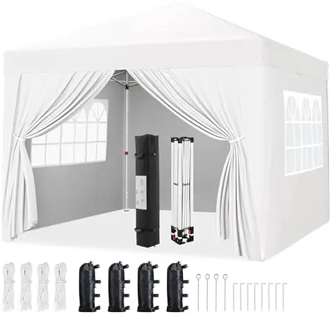 12x12 Pop Up Canopy Tent with 4 Removable Sidewalls, White | Equipped with 4 detachable privacy sidewalls and matching