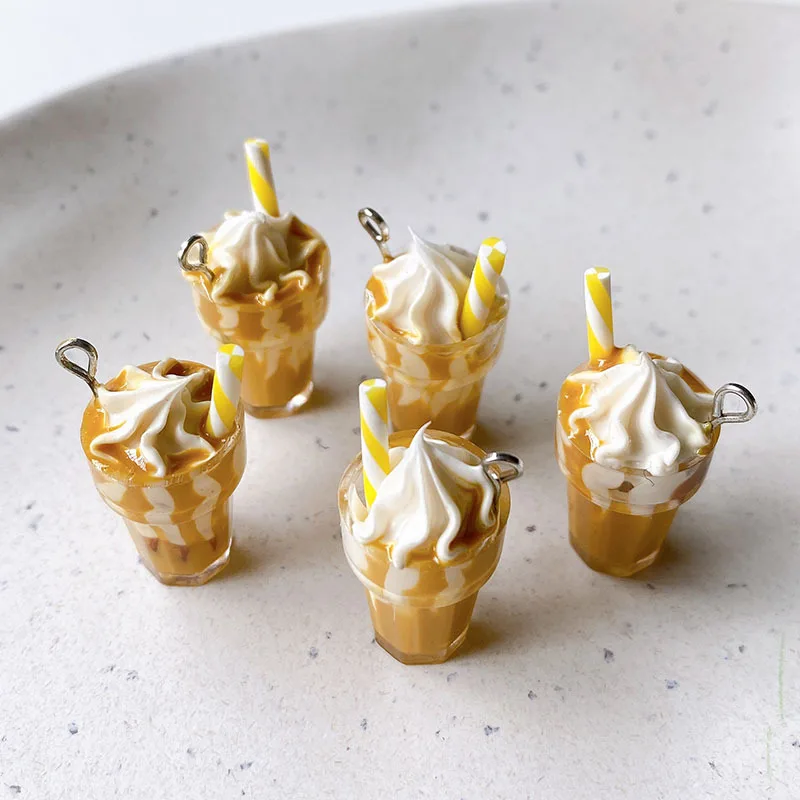 10PCS Simulated pearl milk tea cup keychain pendant, ice cream cup creative pendant, DIY resin accessories