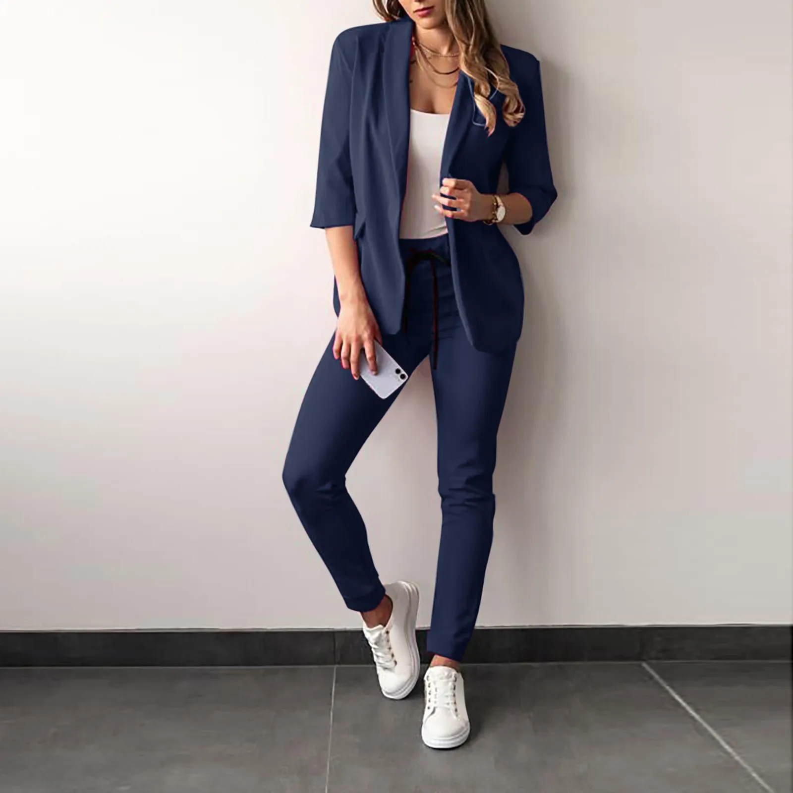 Women's Office Trouser Suit Casual Half Sleeved Suit Drawstring Straight Baggy Trousers Two Pieces Jacket+Pants Jacket Suit