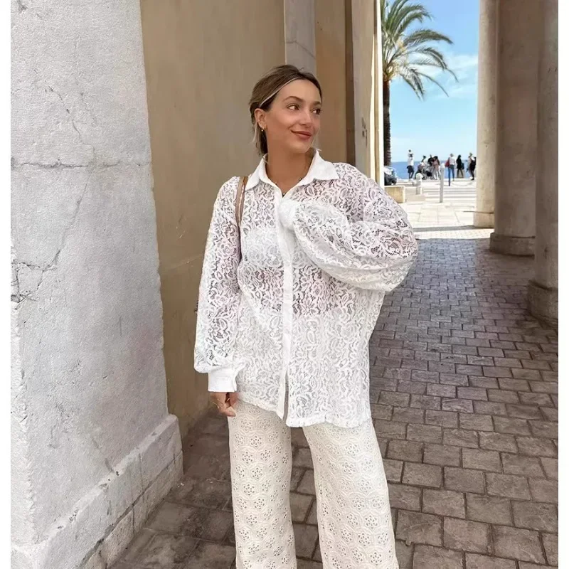 

New Summer French Style Lace Loose white shirt for women Hollow Out Fittings Shirt