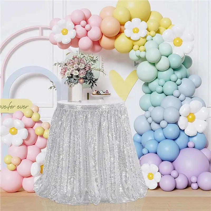 2Pcs 6Ft Table Skirt For Round Rectangle Square Table Sequin Tablecloth For Birthday Party Family Baby Shower Silver-B51B