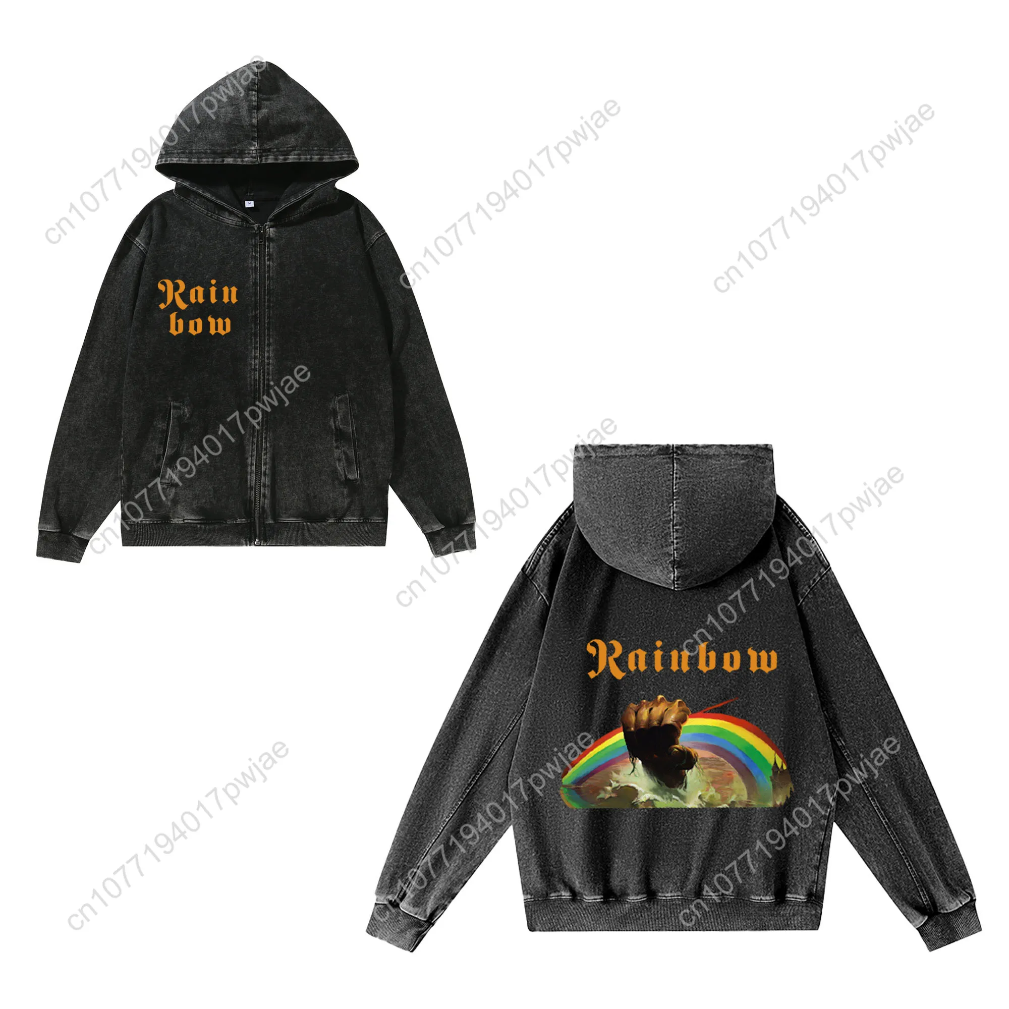 Felpa con cerniera Rainbow Rising Rock Band Uomo Donna Felpe con cappuccio vintage Felpa con tasca Giacca personalizzata con zip intera