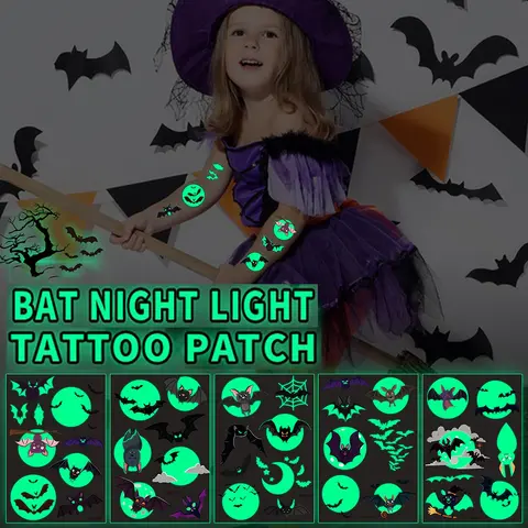 Pegatinas de tatuaje que brillan en la oscuridad para Halloween, variedad de dibujos animados para Niños, pegatinas de murciélago, decoración de vacaciones, pegatinas temporales, 1/10 piezas