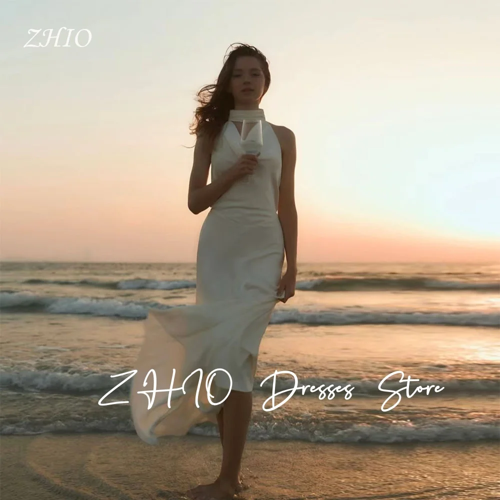 ZHIO elegante vestido de noche con espalda descubierta y perlas Halter sin mangas satén marfil ocasión especial fiesta de cumpleaños vestido de playa personalizado