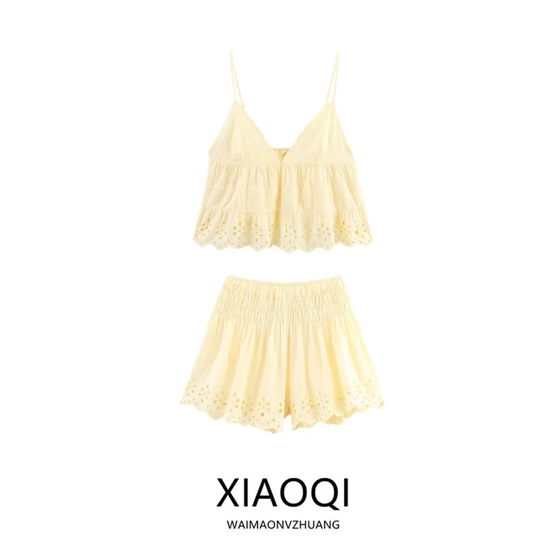 

Новинка лета 20%, женский хлопковый вышитый топ с v-образным вырезом и бретельками, модный повседневный комплект из двух предметов 088042