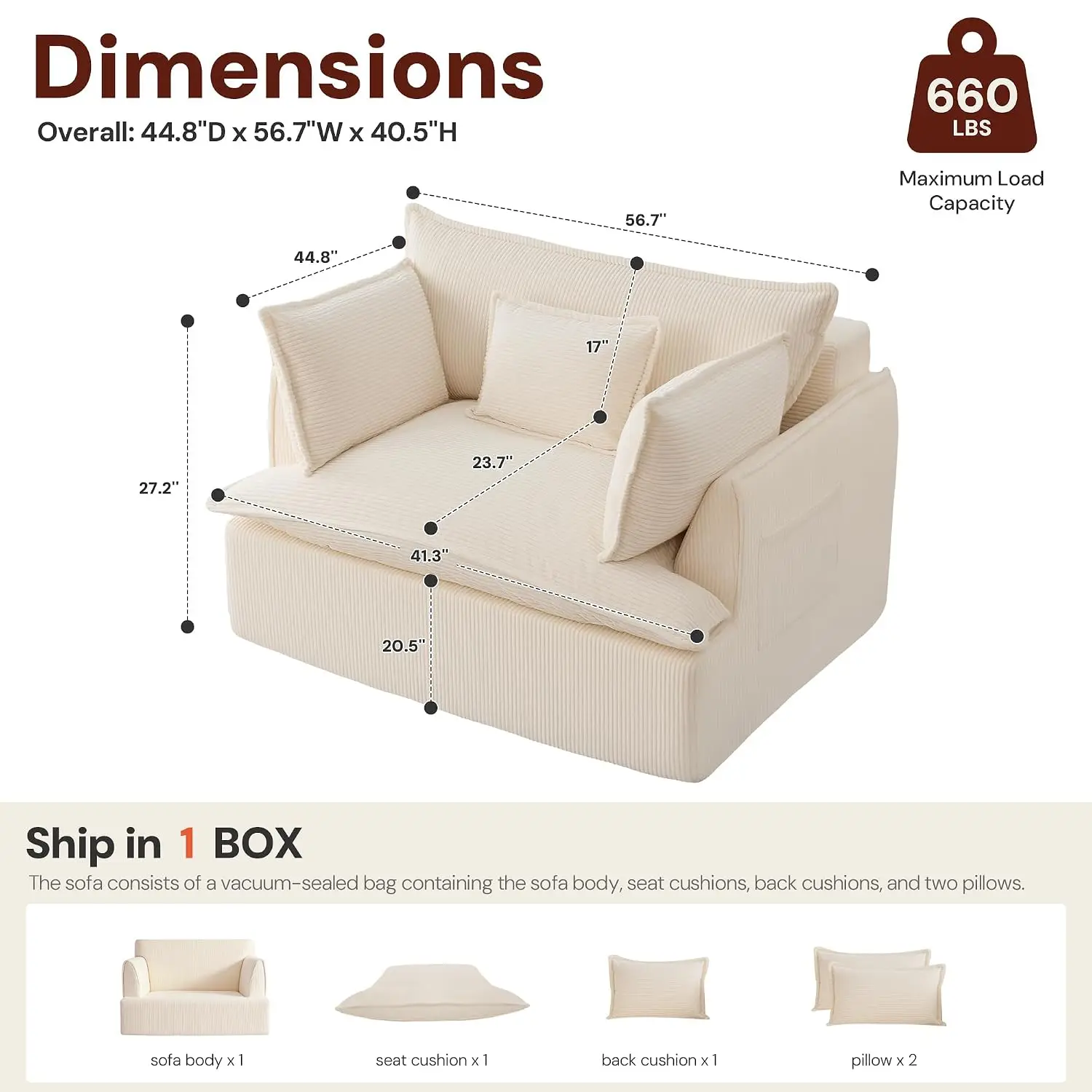 Corduroy Oversized Chaise Lounge Sofa Bed with Pillows & Pockets, Cloud Couch for Living Room No Assembly, Beige, Customized