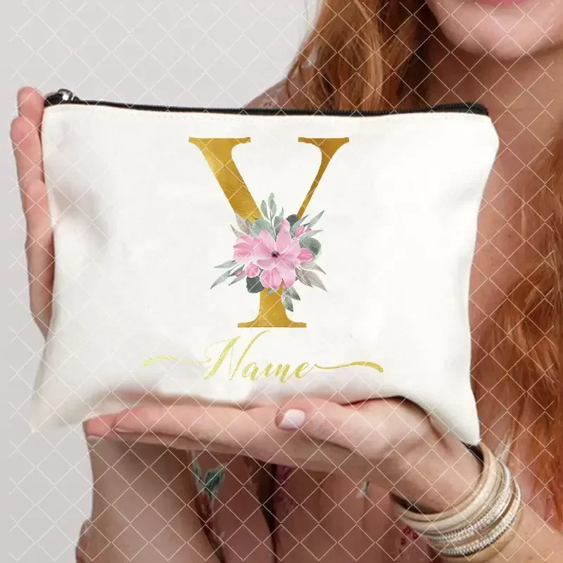 Bolsa de maquillaje con nombre personalizado para mujer, estuche de maquillaje con flor del alfabeto, bolsa de aseo nupcial, organizador de embrague, regalo de dama de honor, A-Z