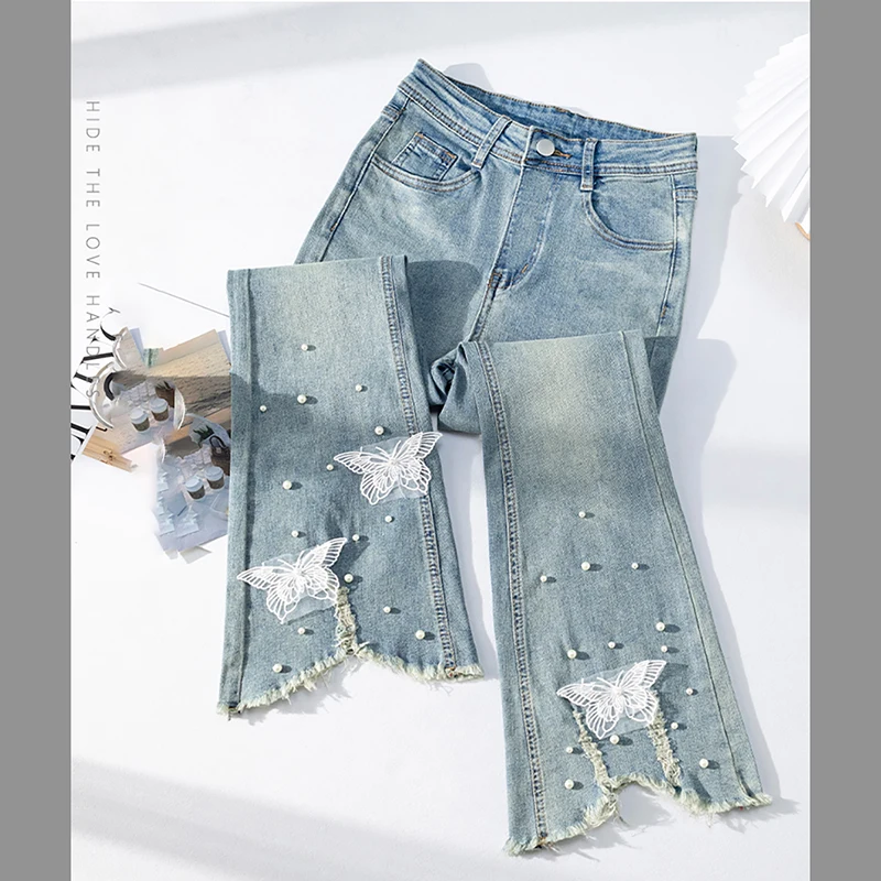 Chic Peal Beading Flared Jeans Women Trendy High Waist Slim Ankle-Length Denim Pants Irregular Tassels Butterfly Lace Blue Jeans