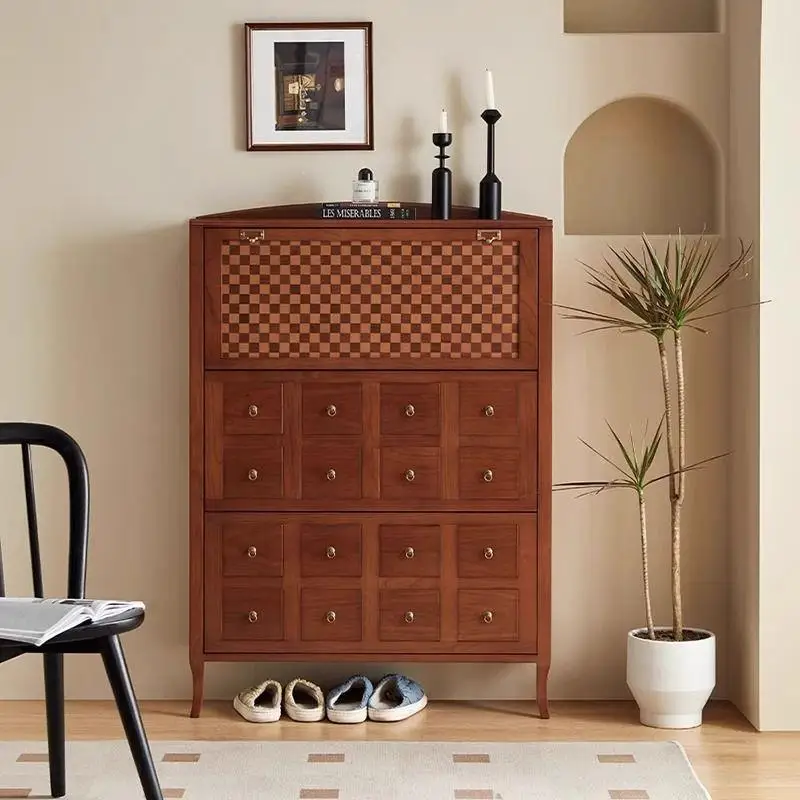 French vintage overturned chest shoe cabinet, solid wood ultra-thin, for home entrances, narrow entryway cabinet