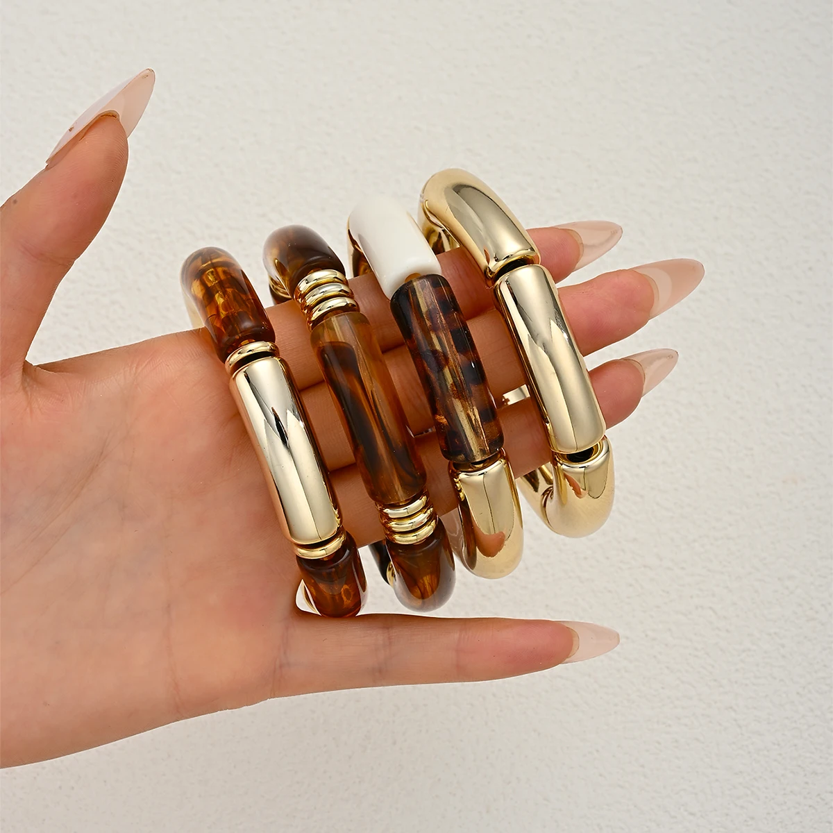 4pcs Leopard Print Bamboo Joint Bracelet Set Curved Tube Resin Gold Color Chunky Stackable Bangles for Women Fashion Jewelry New