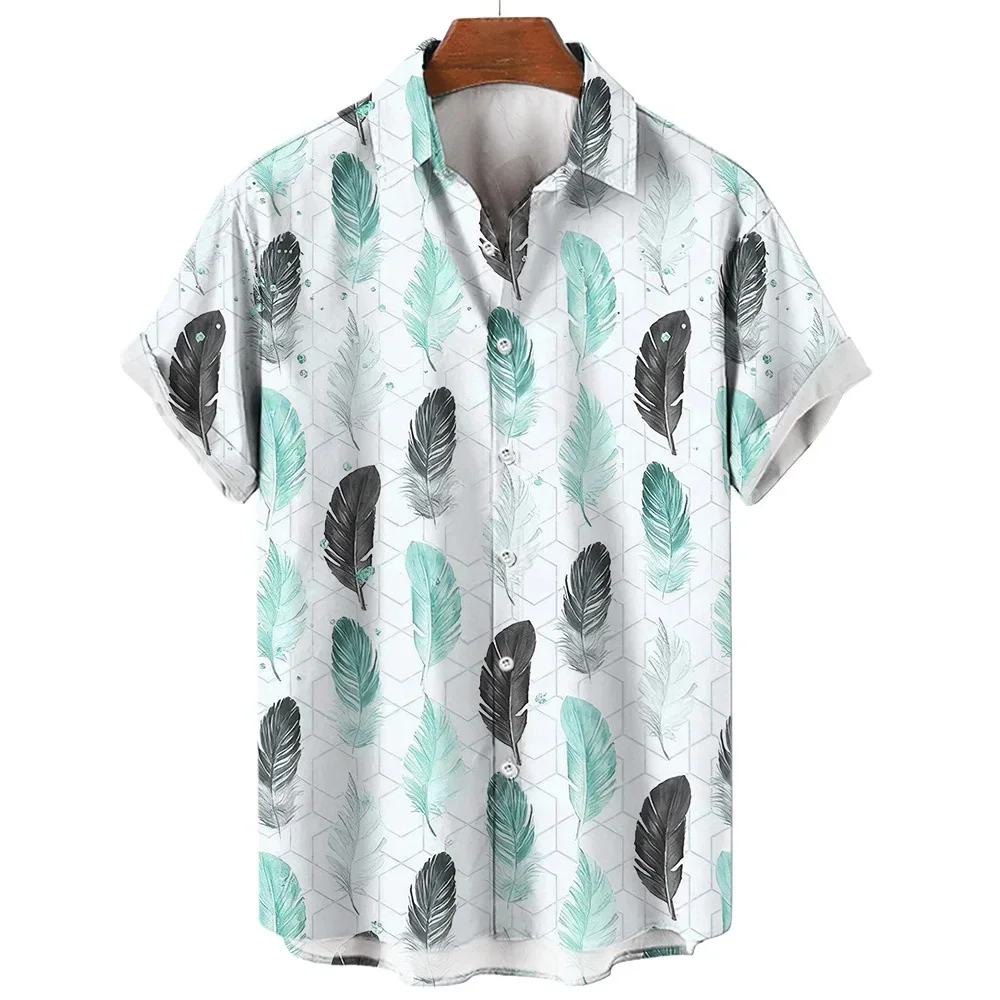 

Summer Fashion Feather Print Shirt Men Women Casual Lapel Short Sleeve Button Up Shirt Tops