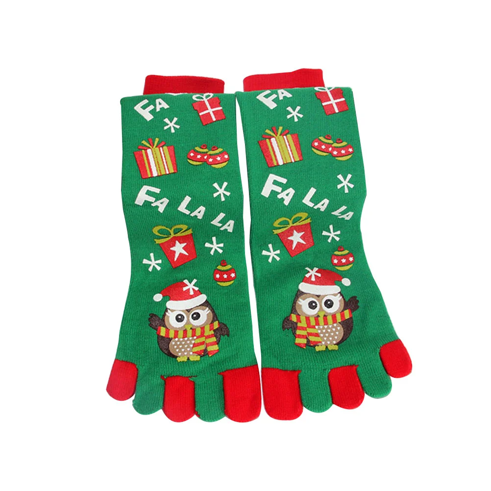 1 Pair Christmas Toe Socks Xmas Socks Five Fingers Long Socks Owl Printing Socks (Green) - Free Size