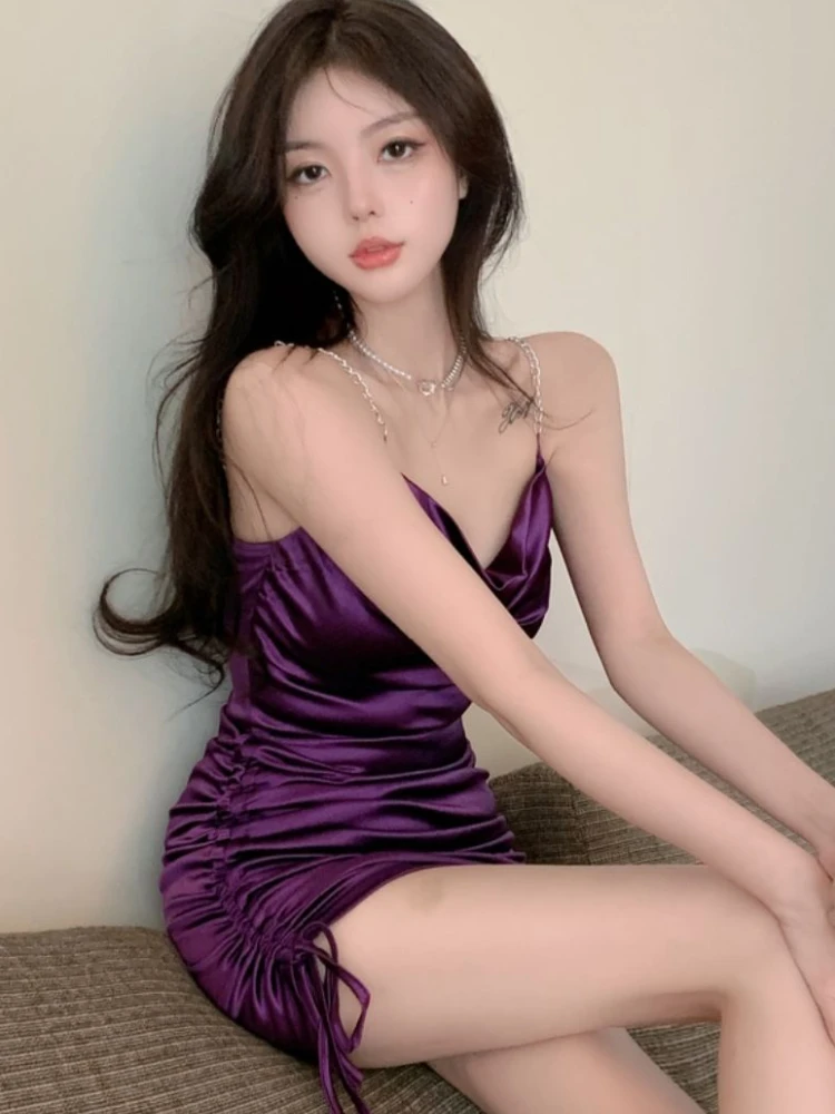 Shirring Dresses Women Slim Purple Korean Style Sexy Mini Summer High Waist V-neck Spaghetti Strap Ladies Fashion Elegant Chic