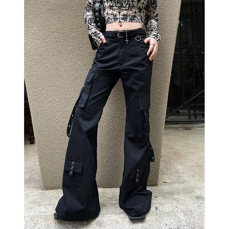 Black Gothic Cargo Flare Pants Women Vintage Harajuku Y2k 90s Retro High Waist Wide Leg Trousers Streetwear 2000s Pantalones 2 Black Gothic Cargo Flare Pants Women Vintage Harajuku Y2k 90s Retro High Waist Wide Leg Trousers Streetwear 2000s Pantalones 2