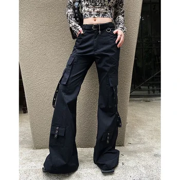 Black Gothic Cargo Flare Pants 2 Black Gothic Cargo Flare Pants Women Vintage Harajuku Y2k 90s Retro High Waist Wide Leg Trousers Streetwear 2000s Pantalones 2