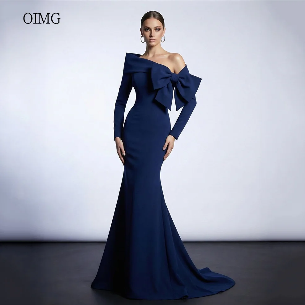 

OIMG Modern Navy Blue Off The Shoulder Mermaid Formal Prom Gowns Bow Evening Dress Floor Length Party Dress 2026 Customized