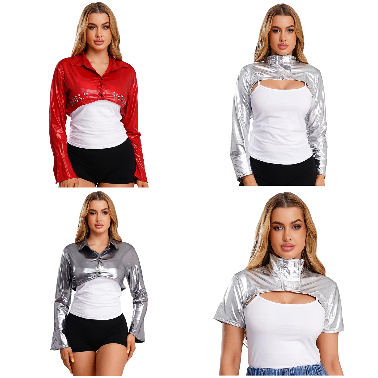 여성 메탈릭 샤이니 크롭 탑 힙합 재즈 댄스 공연 의상 힙합 음악 축제 카니발 드레스업 패션 스트리트웨어