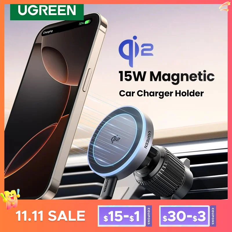 UGREEN Qi2 15W Magnetic Car Phone Holder Wireless Charger For iPhone 16 17 Pro Max Charging for Magsafe Car Charger LED Light