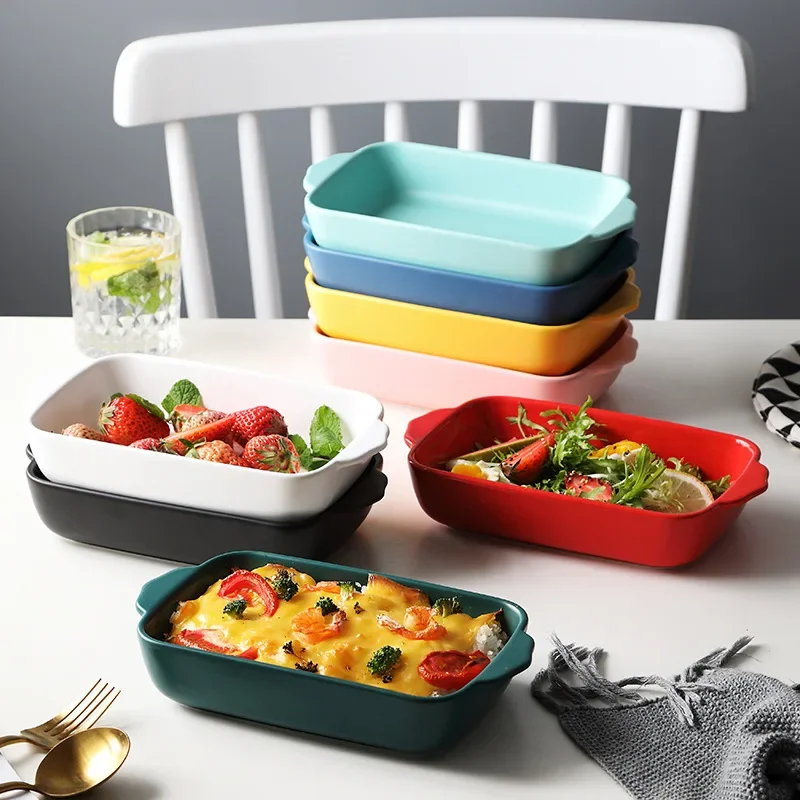 

Double Ear Baking Plate Ceramic Cheese Rectangular Oven Household Dishes Tableware Bowl