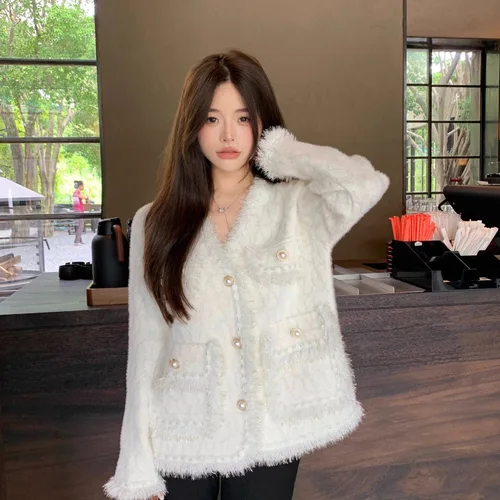 고급스러운 가디건 여성용 겨울 시즌 브랜드 담백한 스타일 루즈핏 두꺼운 V넥 고급스러운 가디건 코트 외투 여성용 한국 스타일 트렌디한 가디건  Best5