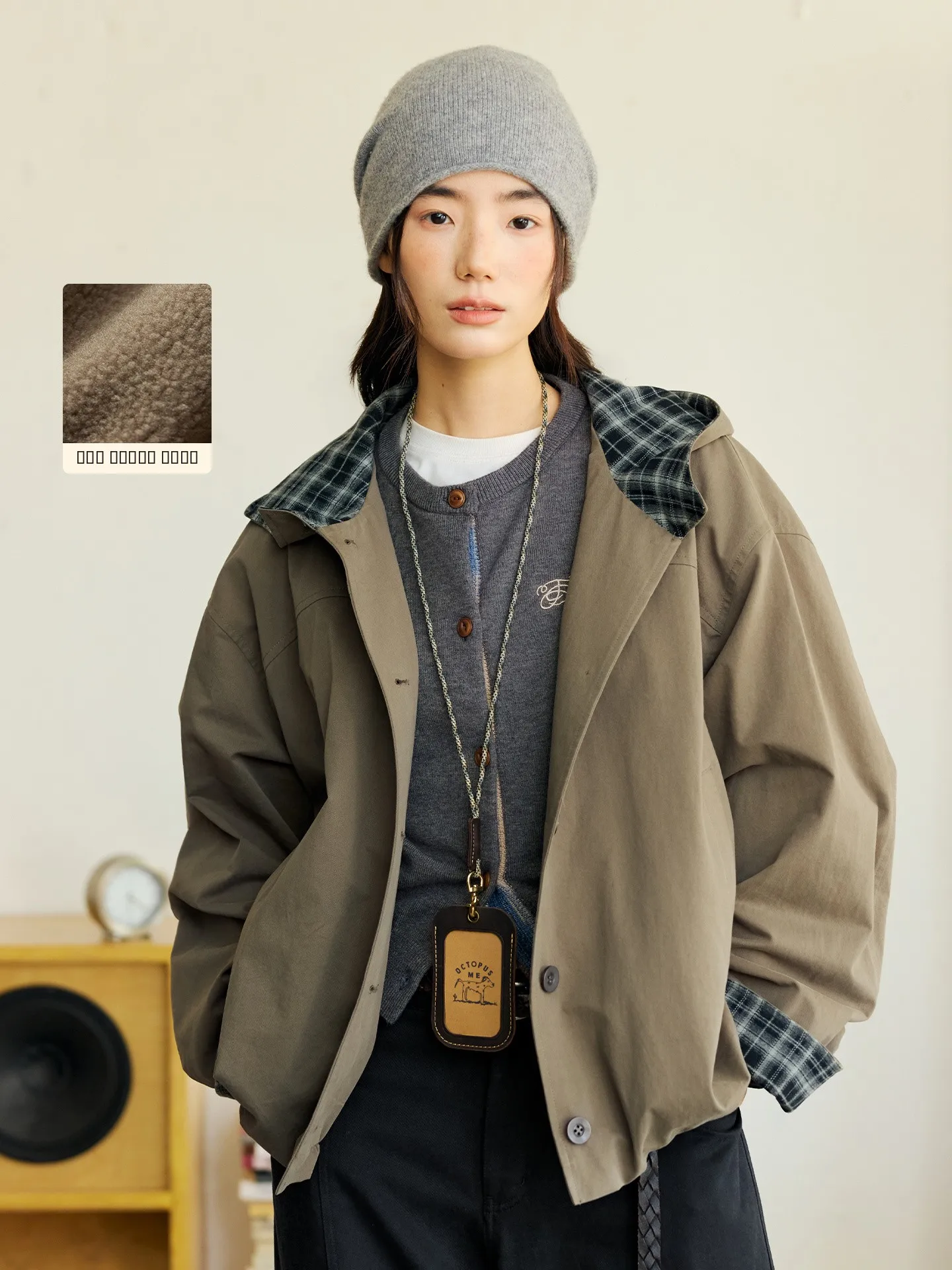 

Octopusme Women's Plaid Patchwork Hooded Jaet Autumn Winter New Loose ort Parka Coat Stand Version Button Detail Cotton