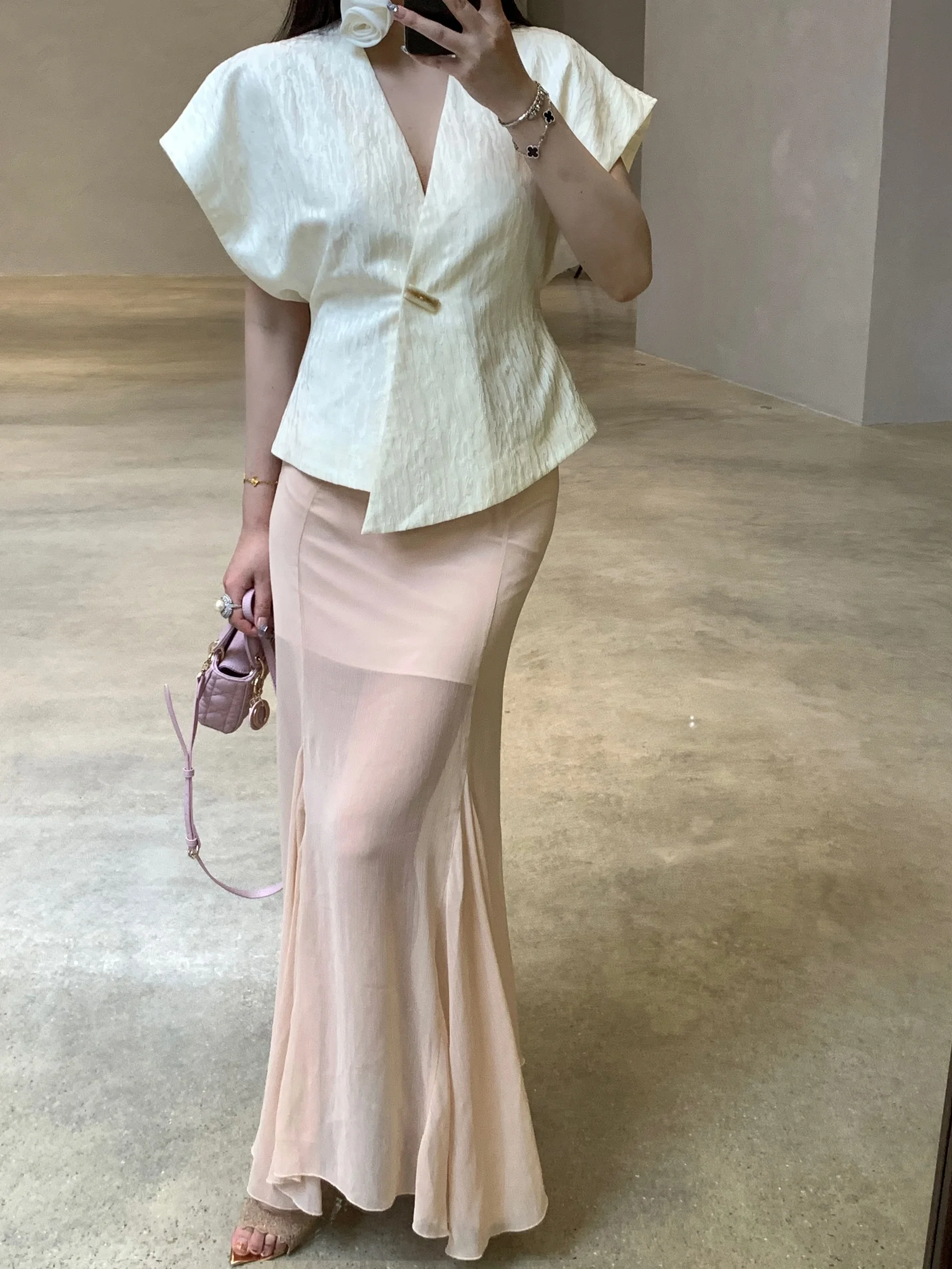 

Летняя тонкая юбка LuvMuse Qing Ben Jia Ren с высокой талией, драпировкой и эффектом «рыбий хвост», длинная, из шифона, прозрачная, для повседневной носки