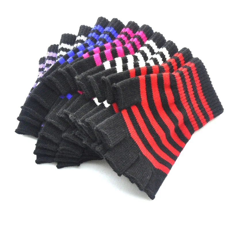 1Pair Unisex Black Stripes Half Finger Fingerless Gloves for Women Wool Knit Wrist Cotton Gloves Winter Warm Men Workout Gloves