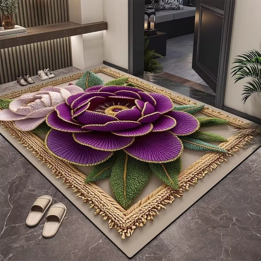 

Durable 3D Floral Pattern Carpet Non-Slip Rectangle Door Mat Easy to Clean Anti-fouling Carpet Bathroom Entrance