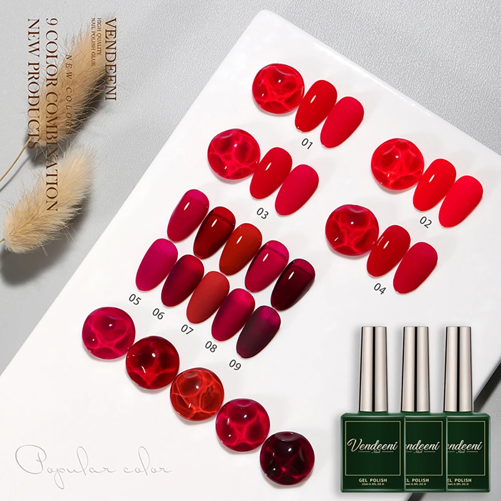 Vendeeni 9 Colors Wine Red Gel Nail Polish Semi Permanent UV Soak Off Gel Varnish Cherry Red Dark Berry Gel Lacquer For Nail Art